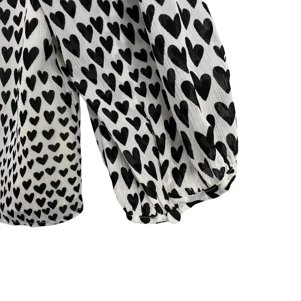 J Crew Size Small NEW Blouse Black Heart Print Valentines Day Ruffle Puff Sleeve